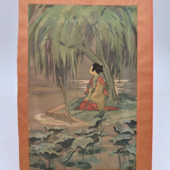 Vintage Cyrus Leroy Baldridge Illustrated Print Lithograph Woman at Lake - Picture 1 of 9